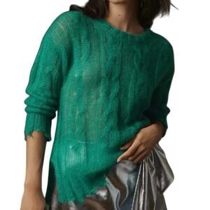 Anthropologie NWT Sz XS The Posey Stitchy Distressed Wool-Blend Sweater in Green